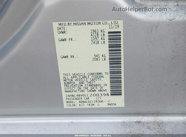 1N4BL4BV0LC200398 2020 NISSAN ALTIMA Silver Engine compartment view