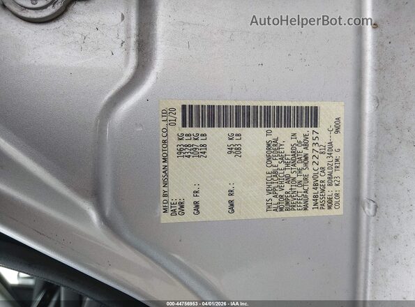 1N4BL4BV0LC227357 2020 NISSAN ALTIMA Серебряный 