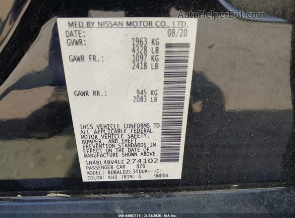 1N4BL4BV4LC274102 2020 NISSAN ALTIMA Черный Вид подкапотного пространства