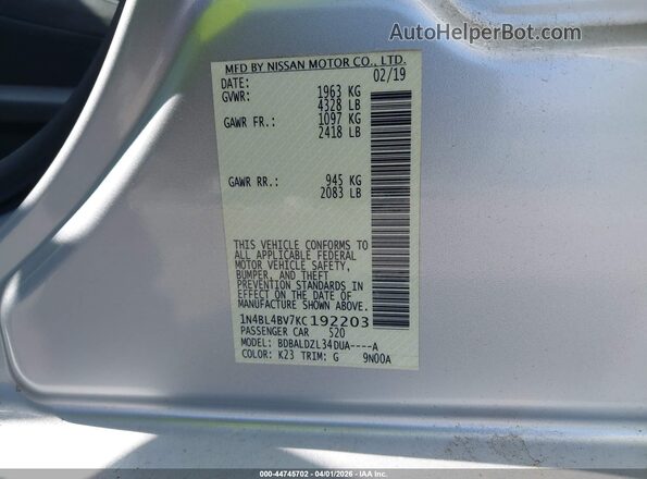 1N4BL4BV7KC192203 2019 NISSAN ALTIMA Серебряный Вид подкапотного пространства