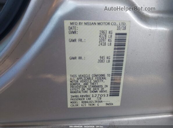1N4BL4BV8KC127053 2019 NISSAN ALTIMA Серебряный 