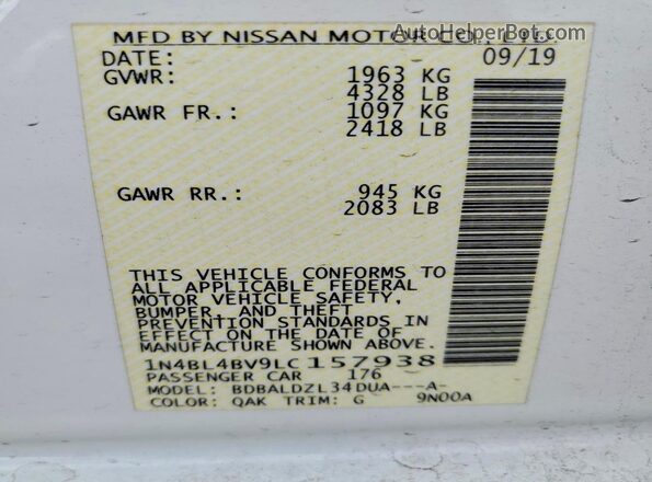 1N4BL4BV9LC157938 2020 NISSAN ALTIMA White ძრავის განყოფილების ხედი
