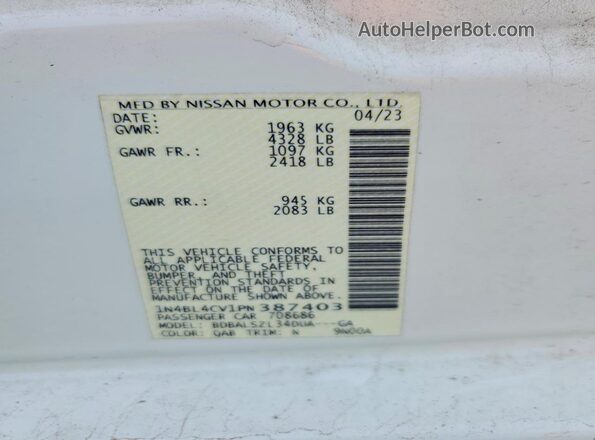 1N4BL4CV1PN387403 2023 NISSAN ALTIMA Белый Вид наклейки с VIN-кодом