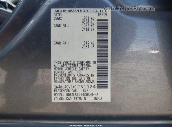 1N4BL4CV2KC251124 2019 NISSAN ALTIMA Gray Engine compartment view