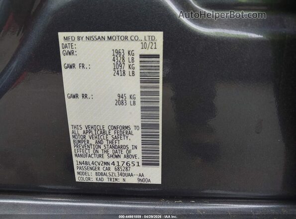 1N4BL4CV2MN417651 2021 NISSAN ALTIMA Gray Engine compartment view