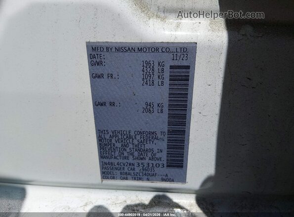 1N4BL4CV2RN353103 2024 NISSAN ALTIMA White Vista del compartimento del motor