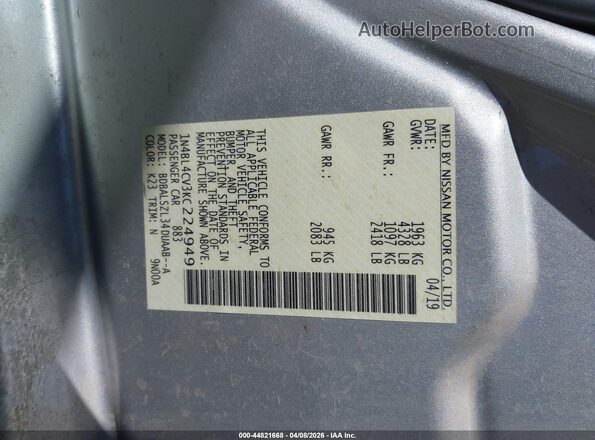 1N4BL4CV3KC224949 2019 NISSAN ALTIMA Silver Engine compartment view