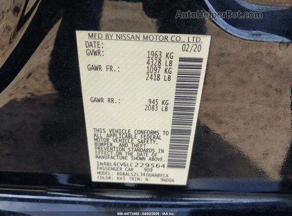 1N4BL4CV6LC229564 2020 NISSAN ALTIMA Black Շարժիչի բաժամունքի տեսք