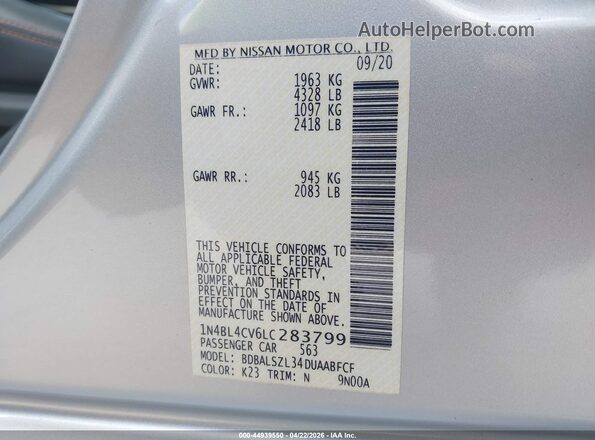 1N4BL4CV6LC283799 2020 NISSAN ALTIMA Silver Շարժիչի բաժամունքի տեսք