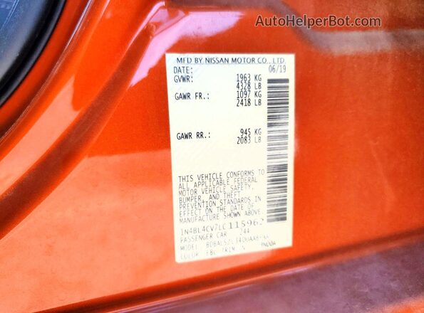 1N4BL4CV7LC115962 2020 NISSAN ALTIMA Orange Vista de la etiqueta del VIN