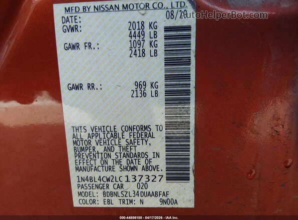 1N4BL4CW2LC137327 2020 NISSAN ALTIMA Orange Engine compartment view