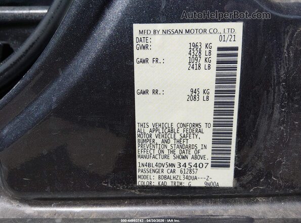 1N4BL4DV5MN345407 2021 NISSAN ALTIMA Серый Вид подкапотного пространства