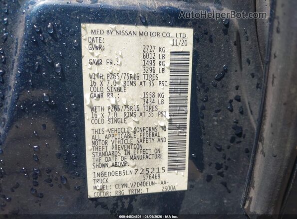 1N6ED0EB5LN725215 2020 NISSAN FRONTIER Синий Вид подкапотного пространства