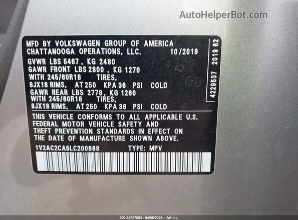 1V2AC2CA5LC200868 2020 VOLKSWAGEN ATLAS Silver Engine compartment view