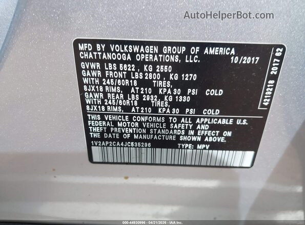 1V2AP2CA4JC535296 2018 VOLKSWAGEN ATLAS Silver Շարժիչի բաժամունքի տեսք