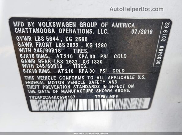 1V2AP2CA4KC590137 2019 VOLKSWAGEN ATLAS White Widok komory silnika