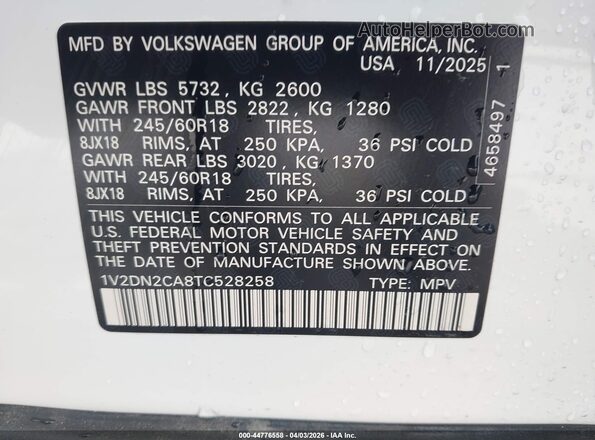 1V2DN2CA8TC528258 2026 VOLKSWAGEN ATLAS White ძრავის განყოფილების ხედი