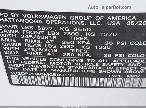 1V2DP2CA0MC590135 2021 VOLKSWAGEN ATLAS Белый Вид подкапотного пространства