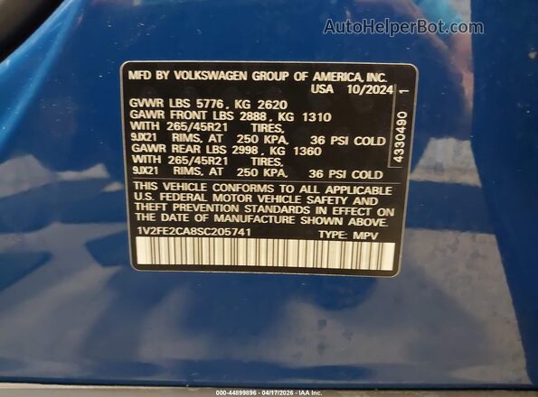 1V2FE2CA8SC205741 2025 VOLKSWAGEN ATLAS Blue ძრავის განყოფილების ხედი