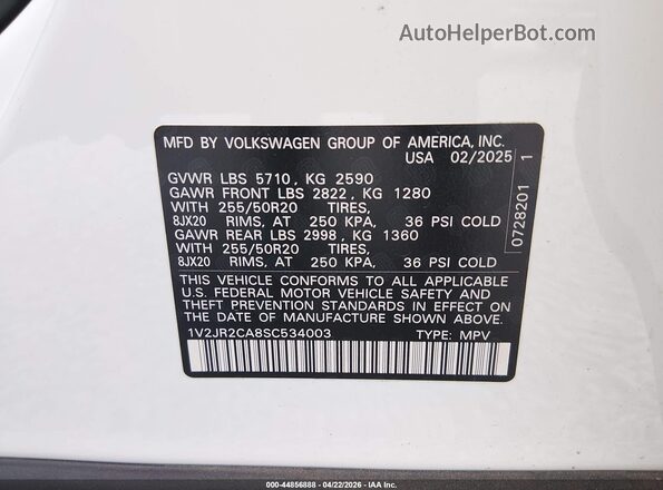 1V2JR2CA8SC534003 2025 VOLKSWAGEN ATLAS White Vista del compartimento del motor
