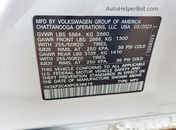 1V2KP2CAXPC538619 2023 VOLKSWAGEN ATLAS White VIN sticker view