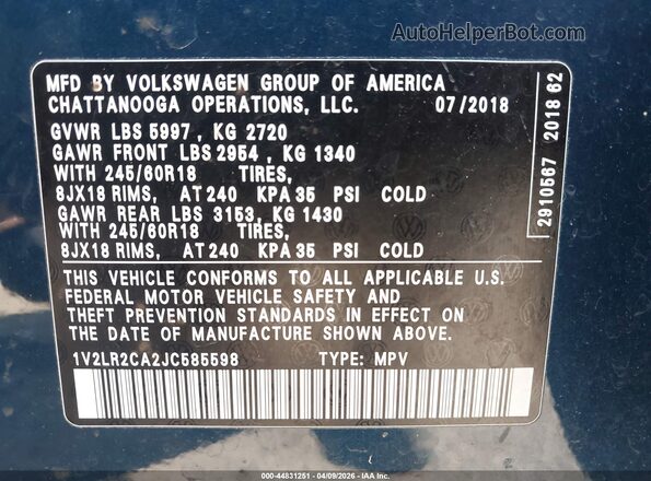 1V2LR2CA2JC585598 2018 VOLKSWAGEN ATLAS Dark Blue 