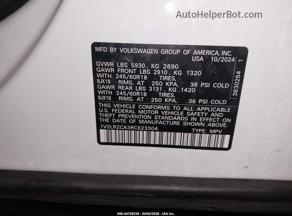 1V2LR2CA3RC623304 2024 VOLKSWAGEN ATLAS White Engine compartment view