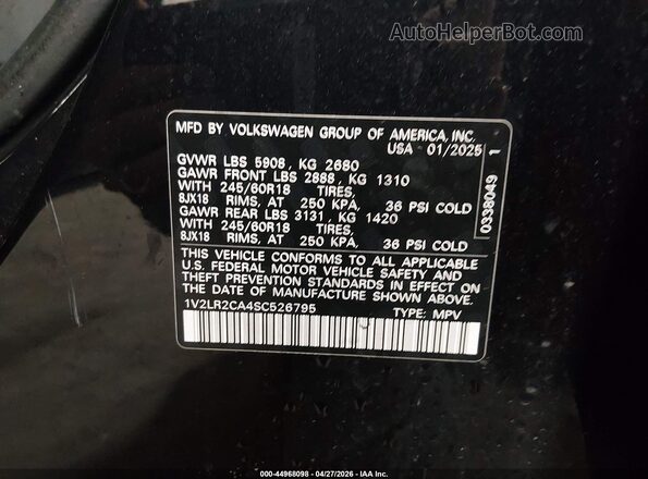 1V2LR2CA4SC526795 2025 VOLKSWAGEN ATLAS Black Vista del compartimento del motor