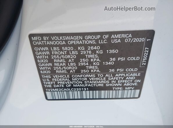 1V2ME2CA0LC220131 2020 VOLKSWAGEN ATLAS White Вид підкапотного простору