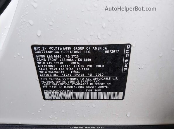 1V2MR2CA4JC524600 2018 VOLKSWAGEN ATLAS White 