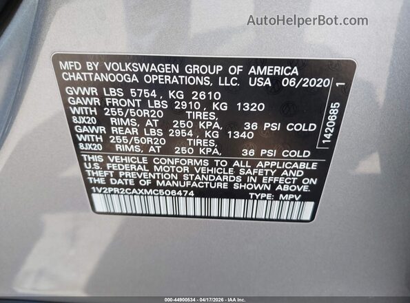 1V2PR2CAXMC506474 2021 VOLKSWAGEN ATLAS Silver 