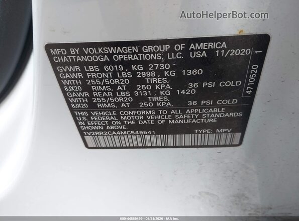 1V2RR2CA4MC549541 2021 VOLKSWAGEN ATLAS White 