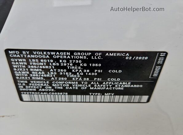 1V2TR2CA6LC503875 2020 VOLKSWAGEN ATLAS White 