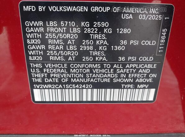 1V2WR2CA1SC542420 2025 VOLKSWAGEN ATLAS Red Widok komory silnika
