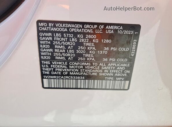 1V2WR2CA2RC533834 2024 VOLKSWAGEN ATLAS White Widok naklejki z numerem VIN
