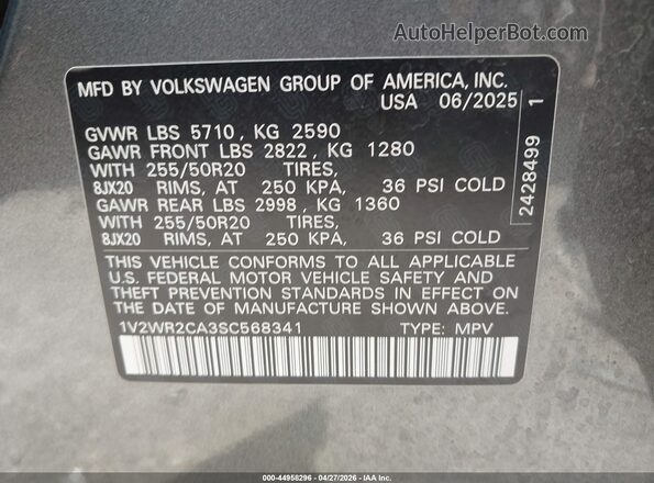 1V2WR2CA3SC568341 2025 VOLKSWAGEN ATLAS Gray 