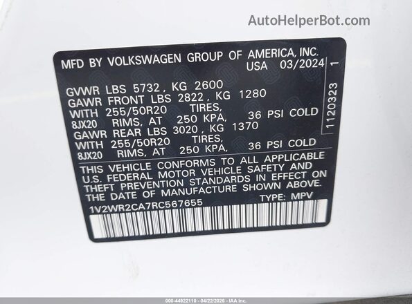 1V2WR2CA7RC567655 2024 VOLKSWAGEN ATLAS White 