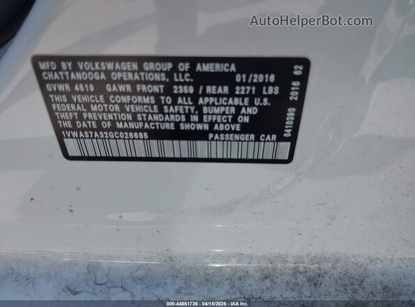 1VWAS7A32GC026685 2016 VOLKSWAGEN PASSAT Белый 