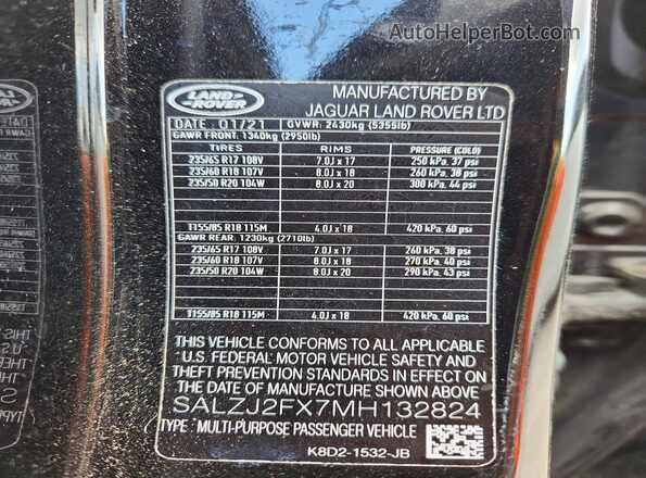 SALZJ2FX7MH132824 2021 LAND ROVER RANGE Black 360 interior view