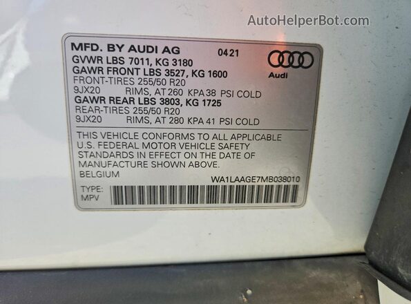 WA1LAAGE7MB038010 2021 AUDI E-TRON White Вид наклейки з VIN-кодом