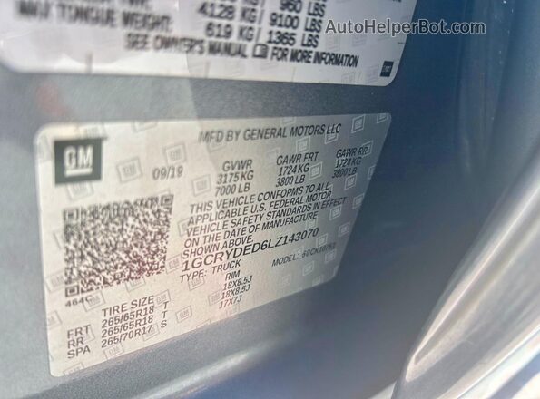 1GCRYDED6LZ143070 2020 CHEVROLET SILVERADO Серебряный 