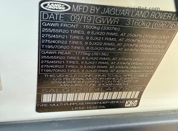 SALGS2SE4LA579028 2020 LAND ROVER RANGE ROVER White Вид задньої частини салону