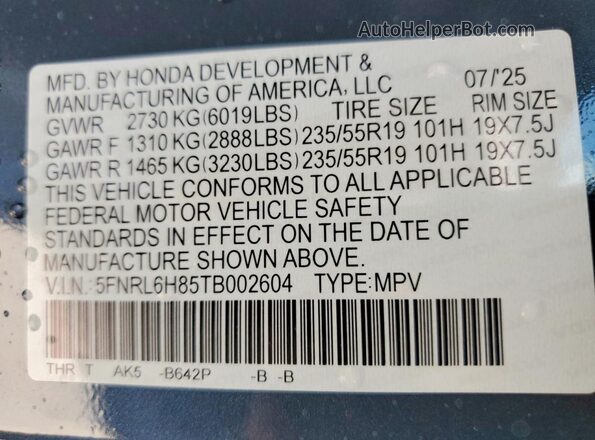5FNRL6H85TB002604 2026 HONDA ODYSSEY Blue Vista interior de 360 grados