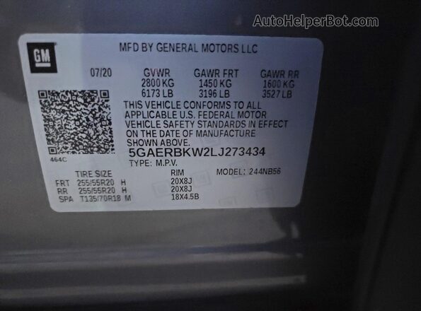 5GAERBKW2LJ273434 2020 BUICK ENCLAVE Gray Սալոնի հետևի տեսք