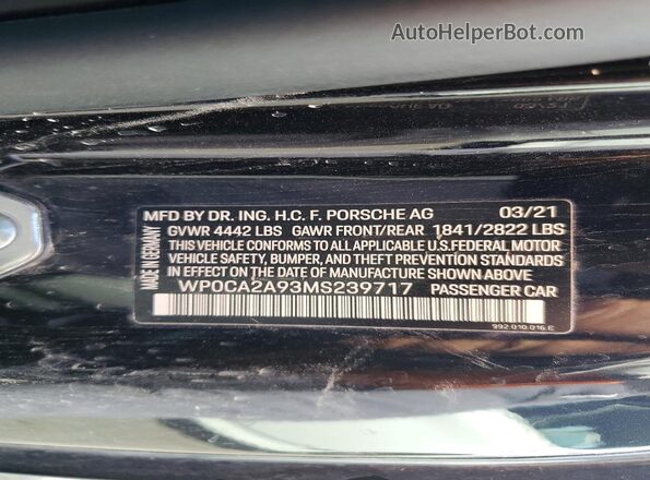 WP0CA2A93MS239717 2021 PORSCHE 911 Black VIN կոդի պիտակի տեսք