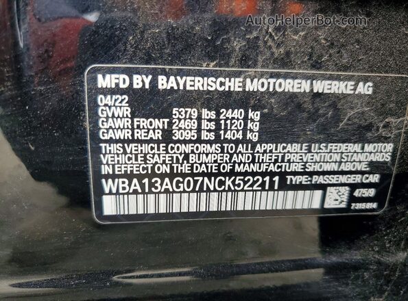 WBA13AG07NCK52211 2022 BMW 5 SERIES Black Вид наклейки з VIN-кодом