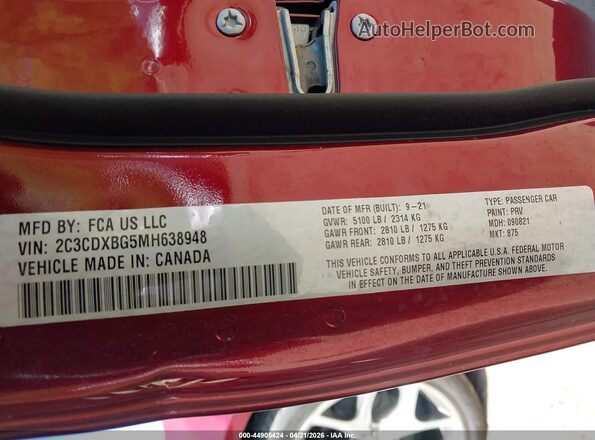 2C3CDXBG5MH638948 2021 DODGE CHARGER Burgundy ძრავის განყოფილების ხედი