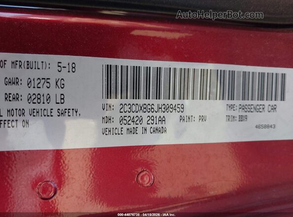 2C3CDXBG6JH309459 2018 DODGE CHARGER Burgundy Engine compartment view