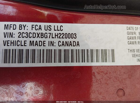 2C3CDXBG7LH220003 2020 DODGE CHARGER Burgundy Vista del compartimento del motor