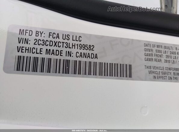 2C3CDXCT3LH199582 2020 DODGE CHARGER White ძრავის განყოფილების ხედი
